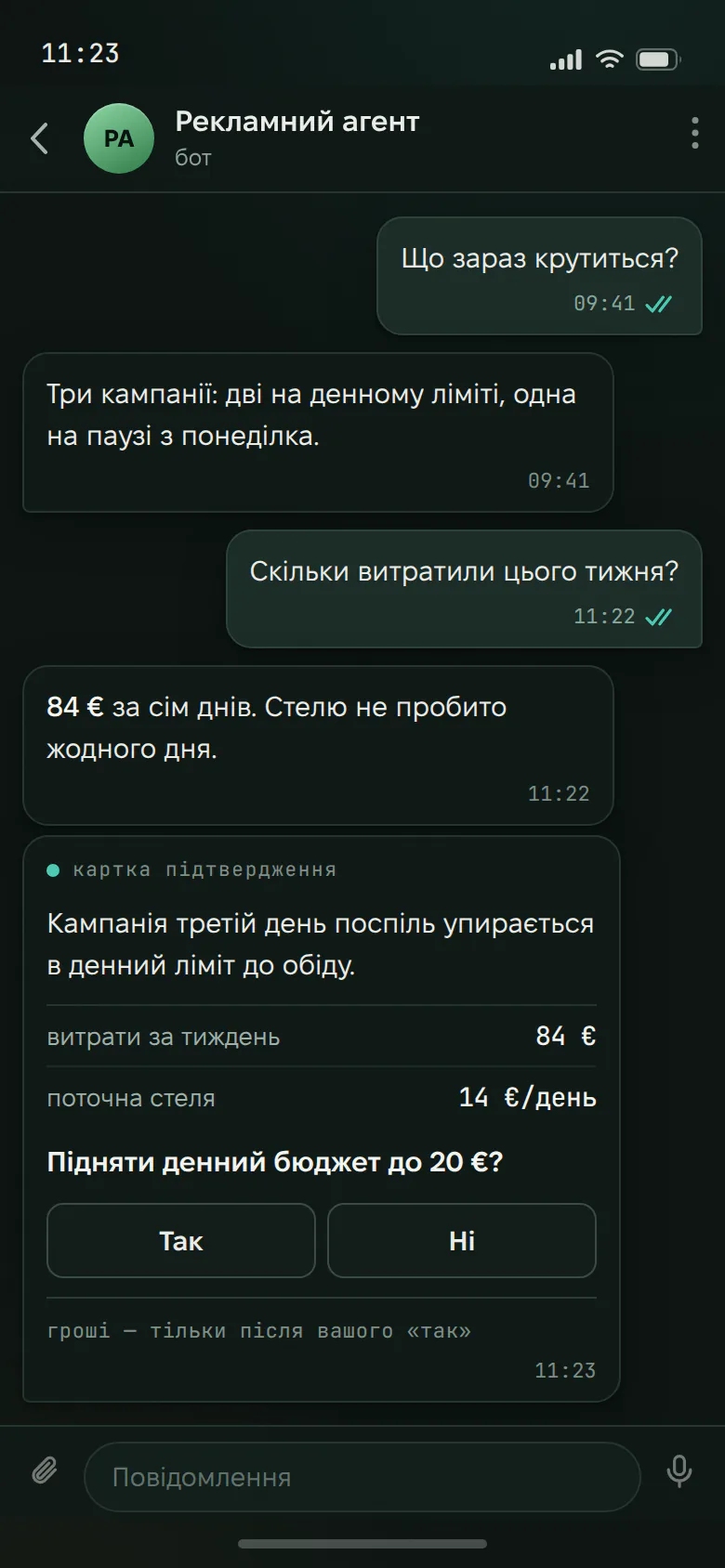 Скріншот Telegram: картка підтвердження підняття денного бюджету реклами до 20 євро