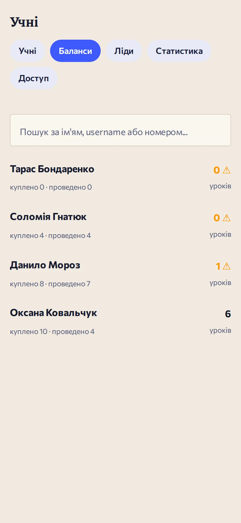 Баланси учнів: куплено, проведено, залишок уроків